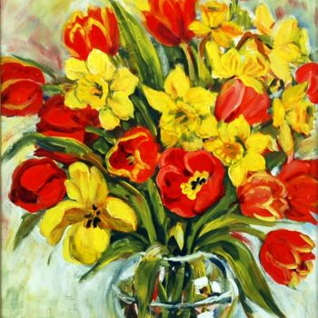Painting titled "Tulips and Daffodils" by Ingrid Dohm, Original Artwork