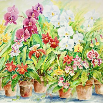 Картина под названием "Orchids I" - Ingrid Dohm, Подлинное произведение искусства, Акварель