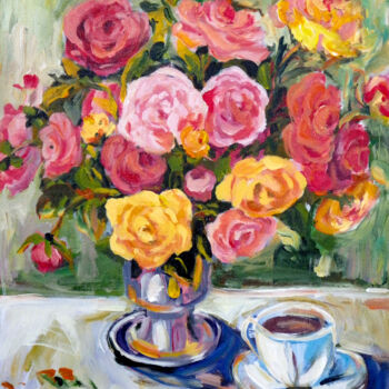 Painting titled "Yellow and Pink Ros…" by Ingrid Dohm, Original Artwork, Acrylic