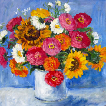 Painting titled "Zinnias ad Sunflowe…" by Ingrid Dohm, Original Artwork, Acrylic