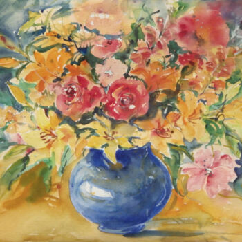 Картина под названием "Blue Vase" - Ingrid Dohm, Подлинное произведение искусства, Акварель