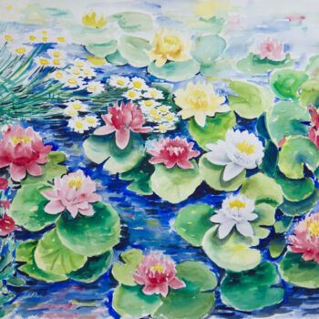 Painting titled "Water Lilies" by Ingrid Dohm, Original Artwork, Watercolor