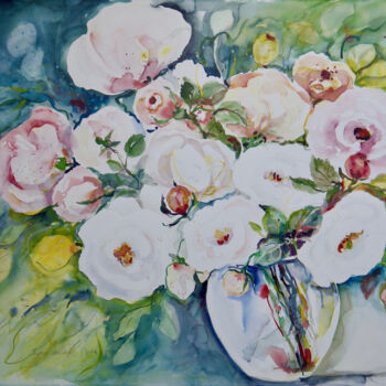 Painting titled "White Roses" by Ingrid Dohm, Original Artwork, Watercolor
