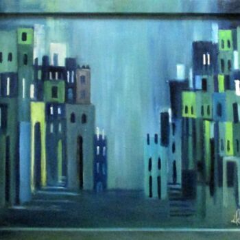 Painting titled "Quergasse in Blau u…" by Ingrid Knaus, Original Artwork, Oil Mounted on Other rigid panel