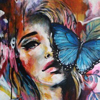 Painting titled "Butterfly Girl" by Ingrida Blinkeviciute, Original Artwork, Acrylic Mounted on Wood Stretcher frame