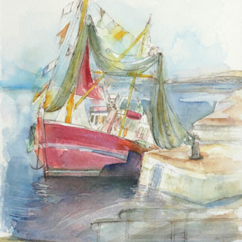 Painting titled "À quai" by Ingrid Johann, Original Artwork, Watercolor