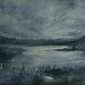 Картина под названием "Nuit sur l'étang" - Ingrid Johann, Подлинное произведение искусства, Акварель