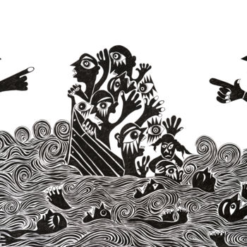 Dessin intitulée "Océan sans terre" par Farid Inidjel, Œuvre d'art originale, Stylo à bille