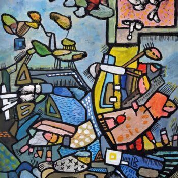 Painting titled "Birds and Fish" by Inke Bemelmans, Original Artwork, Acrylic