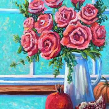 Painting titled "Pink Roses" by Inna Bebrisa, Original Artwork, Oil