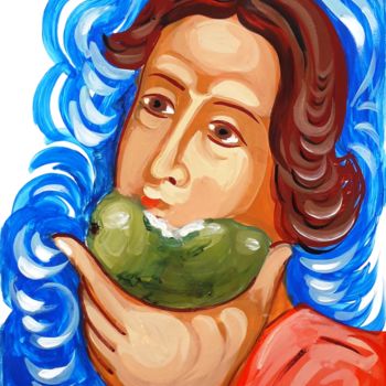Malerei mit dem Titel "Woman with pear" von Inna Dotsenko, Original-Kunstwerk, Acryl
