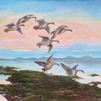 Painting titled "Flock of Geese Fly" by Inna Kalenychenko, Original Artwork, Oil