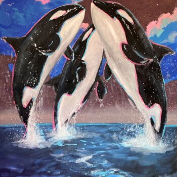 Schilderij getiteld "Three orcas dance" door Inna Kalenychenko, Origineel Kunstwerk, Olie