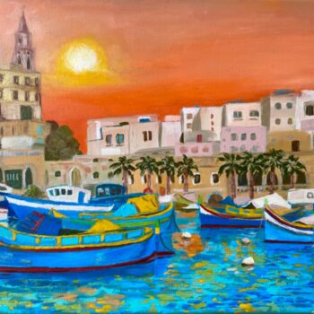 Peinture intitulée "Maltese Boats Seasc…" par Inna Kalenychenko, Œuvre d'art originale, Huile Monté sur Châssis en bois