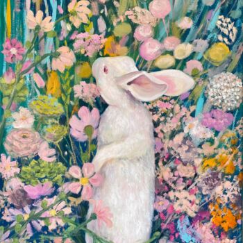 Картина под названием "White rabbit in flo…" - Inna Kalenychenko, Подлинное произведение искусства, Масло