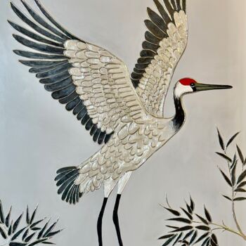 Painting titled "Painting "Crane in…" by Inna Levchenko, Original Artwork, Acrylic Mounted on Wood Stretcher frame