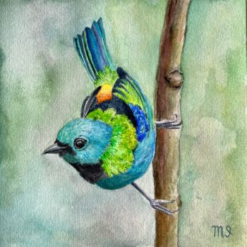 Painting titled "Green Headed Tanage…" by Inna Martynenko, Original Artwork, Watercolor