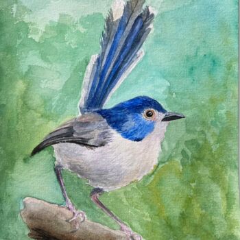 Painting titled "Fairywren bird wate…" by Inna Martynenko, Original Artwork, Watercolor