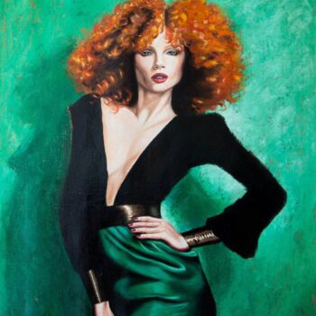 Painting titled "Redhead on green" by Inna Medvedeva, Original Artwork, Oil