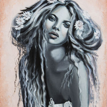 Painting titled "Flowers in a hair" by Inna Medvedeva, Original Artwork, Oil Mounted on Wood Stretcher frame