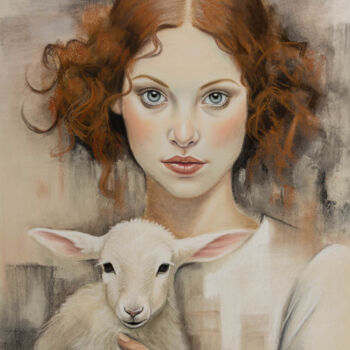 Drawing titled "Girl with a lamb" by Inna Medvedeva, Original Artwork, Pastel