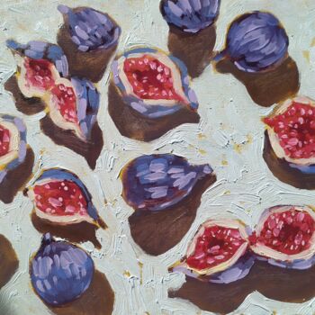 Painting titled "Still life with figs" by Inna Novobranets, Original Artwork, Oil Mounted on Wood Stretcher frame