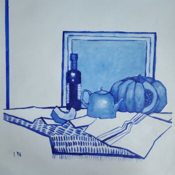 Painting titled ""Blue domestic stil…" by Inna Novobranets, Original Artwork, Gouache