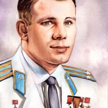 Картина под названием "''Юрий Гагарин''" - Inna Lagun, Подлинное произведение искусства, Акварель