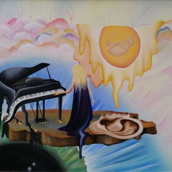 Painting titled "Melting piano and a…" by Diana Kushnarenko, Original Artwork, Oil Mounted on Cardboard