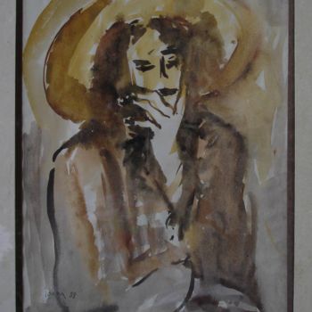Pintura intitulada "le chapeau jaune" por Ioana, Obras de arte originais, Guache