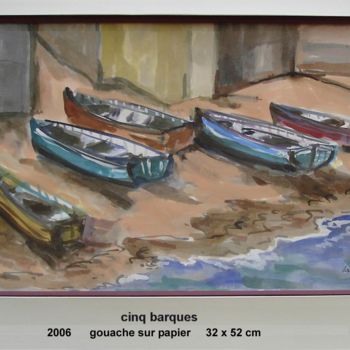 Schilderij getiteld "cinq barques" door Ioana, Origineel Kunstwerk, Gouache