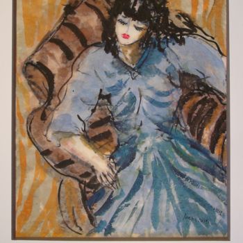 Pittura intitolato "dame en bleu dans u…" da Ioana, Opera d'arte originale, Gouache