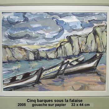 Ζωγραφική με τίτλο "cinq barques sous l…" από Ioana, Αυθεντικά έργα τέχνης, Γκουάς