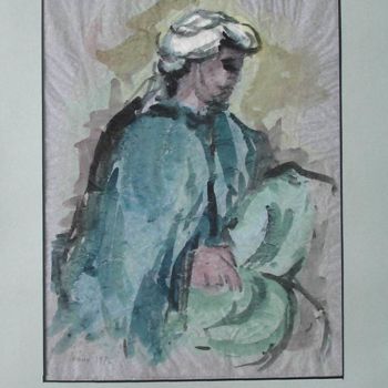 Peinture intitulée "arabe assis, en vert" par Ioana, Œuvre d'art originale, Gouache