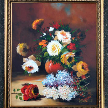 Malerei mit dem Titel "Roses and liliac" von Mihai Ionescu, Original-Kunstwerk, Öl