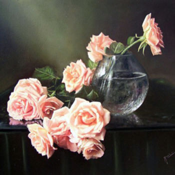 Картина под названием "Roses dans un bol e…" - Mihai Ionescu, Подлинное произведение искусства, Масло