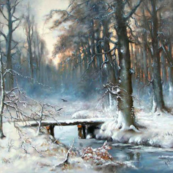 Painting titled "Winter with small b…" by Mihai Ionescu, Original Artwork, Oil