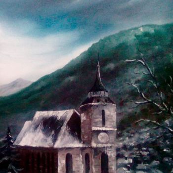 Painting titled "The black church" by Mihai Ionescu, Original Artwork, Oil