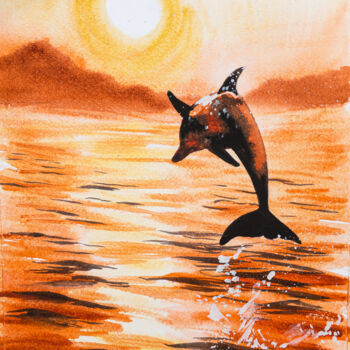 Malarstwo zatytułowany „Dolphin in Sunset” autorstwa Ira Popovych, Oryginalna praca, Akwarela