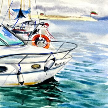 Malerei mit dem Titel "White Yacht in the…" von Ira Popovych, Original-Kunstwerk, Aquarell