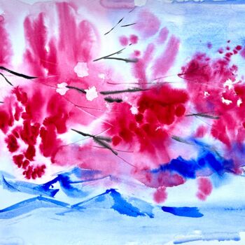 Painting titled "SAKURA PETALS IN TH…" by Ira Popovych, Original Artwork, Watercolor