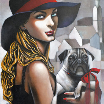 Painting titled "Dame mit Mops, Orig…" by Ira Tsantekidou, Original Artwork, Acrylic