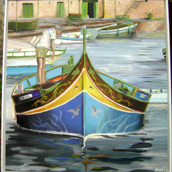 Schilderij getiteld "Le pêcheur" door Iracéma Lambotte (ira), Origineel Kunstwerk, Olie Gemonteerd op Frame voor houten bran…