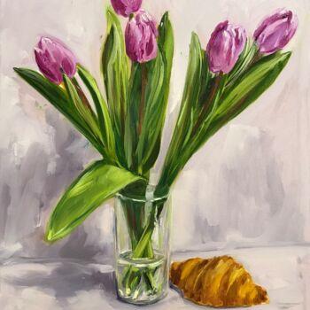 Painting titled "tulips and croissant" by Iryna Karpiak, Original Artwork, Oil