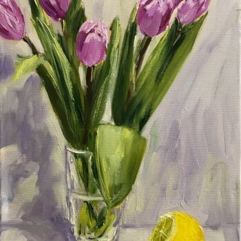 Painting titled "tulips and lemon" by Iryna Karpiak, Original Artwork, Oil