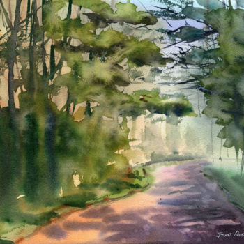 Painting titled "Forest sunset origi…" by Irina Povaliaeva, Original Artwork, Watercolor