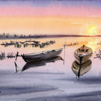 Painting titled "Boats at sunset ori…" by Irina Povaliaeva, Original Artwork, Watercolor