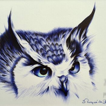 Drawing titled "Hibou" by Iren'Art Painting, Original Artwork, Ballpoint pen