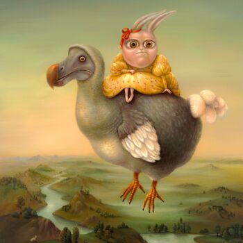 Printmaking titled "Flying Dodo. Print…" by Irena Aizen, Original Artwork, Digital Print Mounted on Wood Stretcher frame