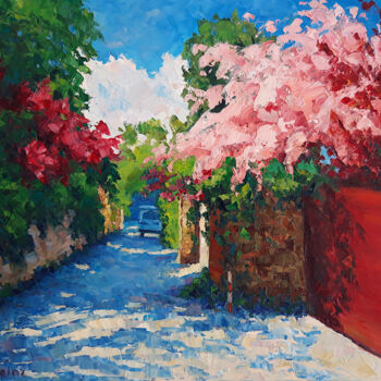 Painting titled "Backstreet with flo…" by Irena Heinz, Original Artwork, Oil Mounted on Wood Stretcher frame